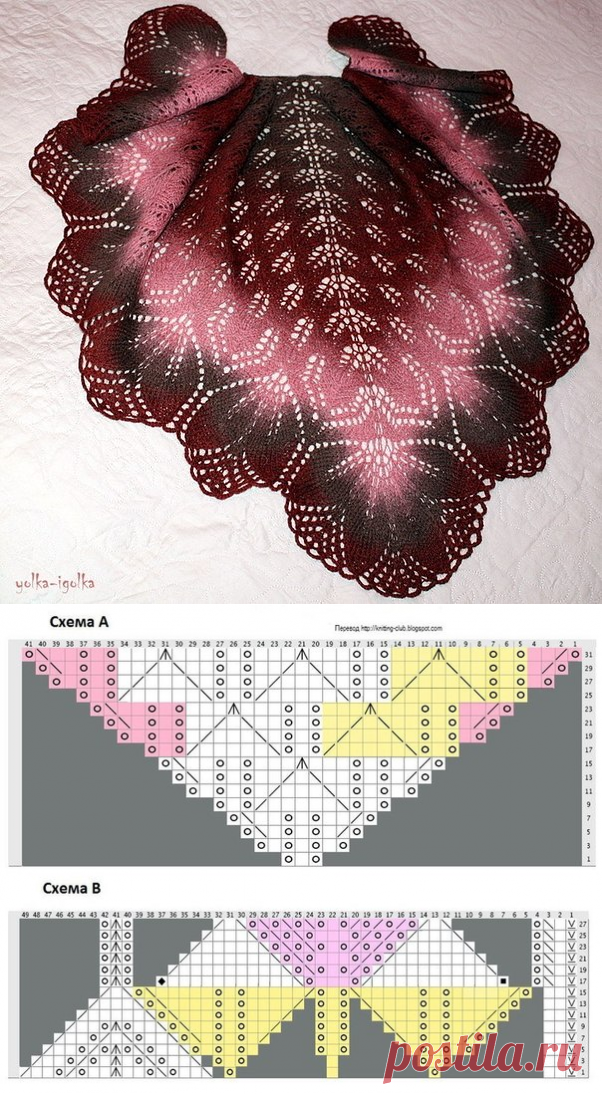Треугольные шали спицами со схемами и описанием
