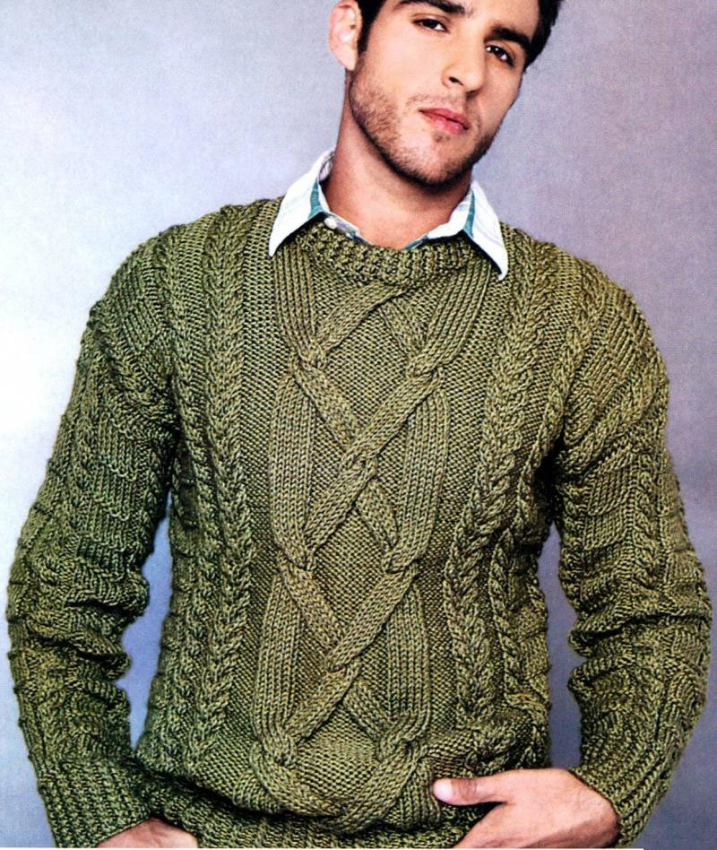 Мужской пуловер спицами; простое описание свитера и доступные схемы