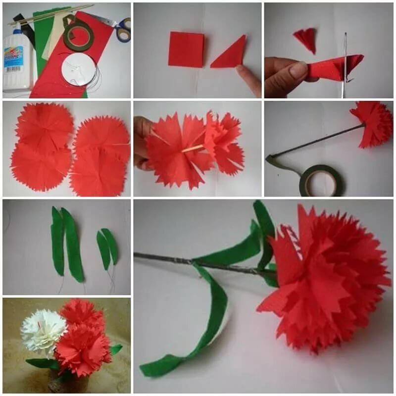 Гвоздика довольно простой цветок в исполнении для поделок Объемную гвоздику можно сделать из различных материалов, хотя все начинают все равно